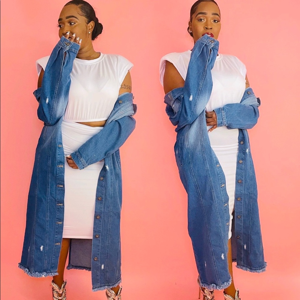 NEW FALL TRENDY JEAN BUTTON DOWN MEDIUM DENIM LONG TRENCH COAT JACKET - Picture 3 of 6